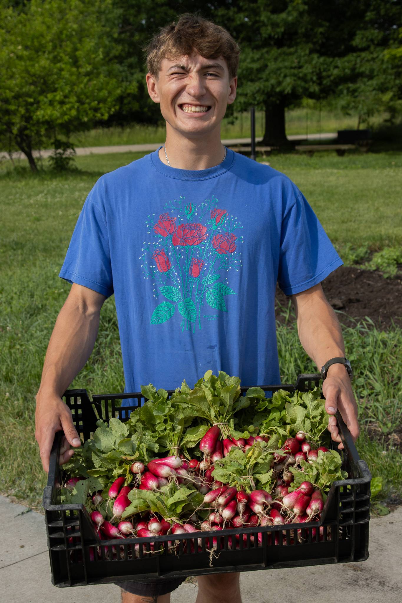 Young man in blue shirt holding a crate of vegetables